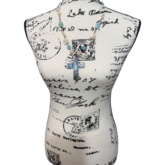 Cross Pendant Necklace | Pearl & Aqua Bead Abalone Chain | Wire Wrapped - Picture 3 of 6